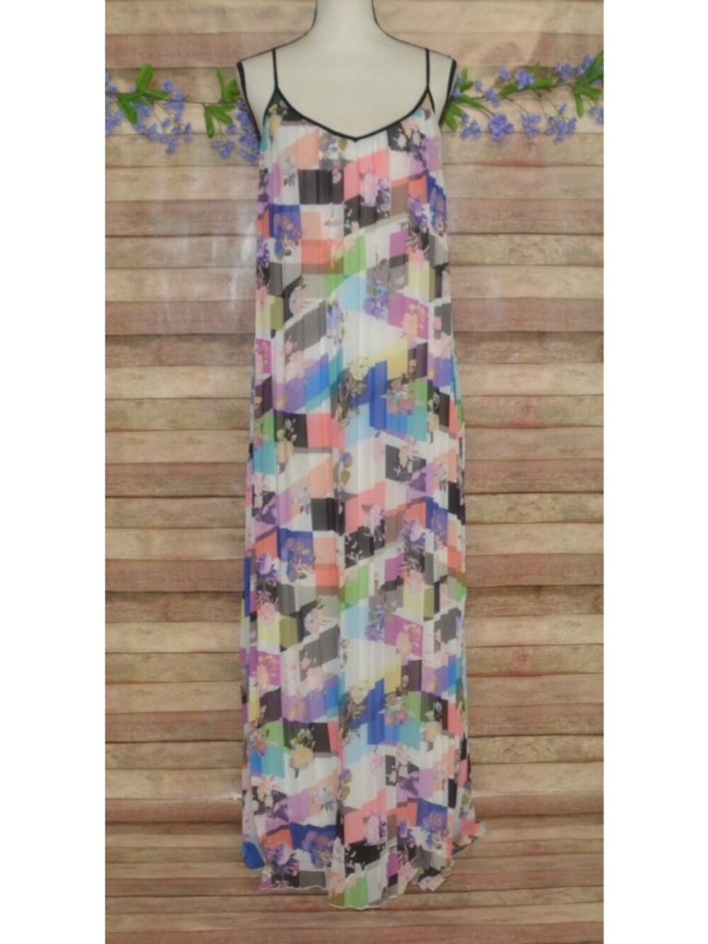 BAR III Pleated Maxi Dress Size S Floral Multicolor Patchwork Sleeveless Flowy